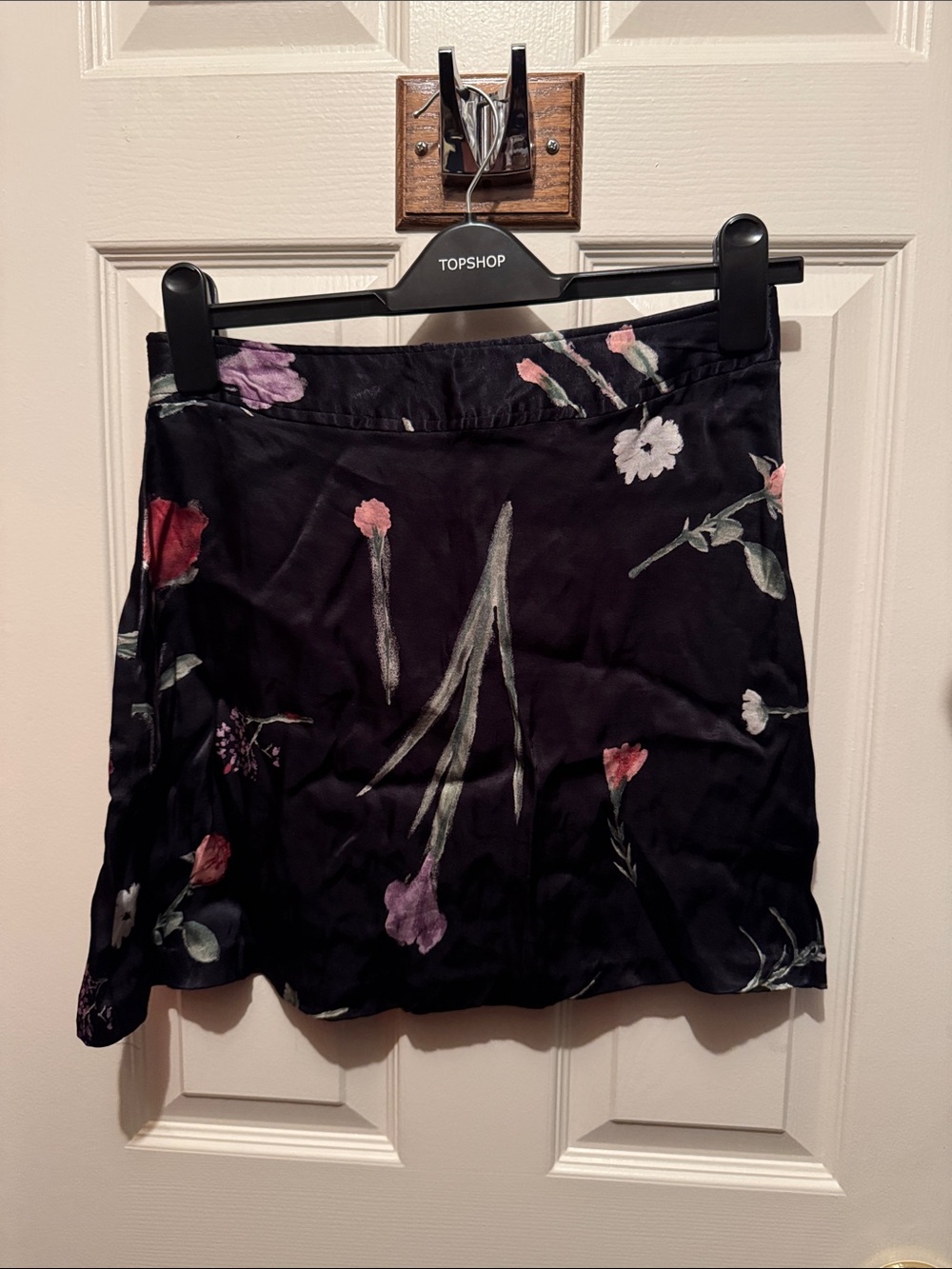 Topshop Black Floral Satin Mini Skirt with Pink & Purple Blooms